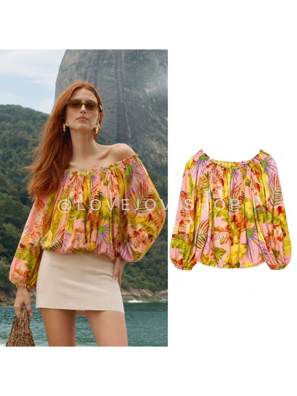 Resort | Rachel Roy Linen Tropical Off Shoulder Peasant Blouse | Poet Sleeve | S